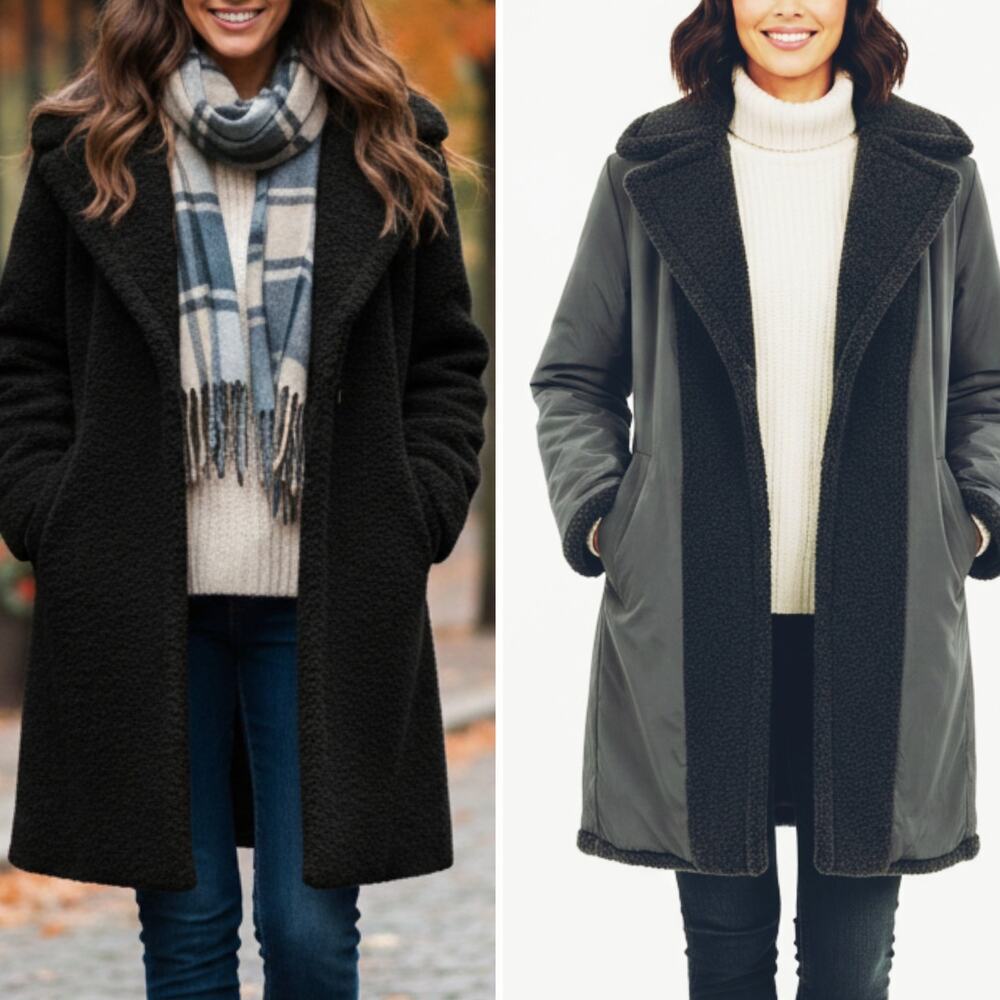 Nine west NEW reversible long teddy coat black furry knit cozy warm thick modern